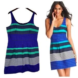 Ann Taylor Loft Dress 16 XL 1X Striped Linen Blue Green Slvlss Party Wedding